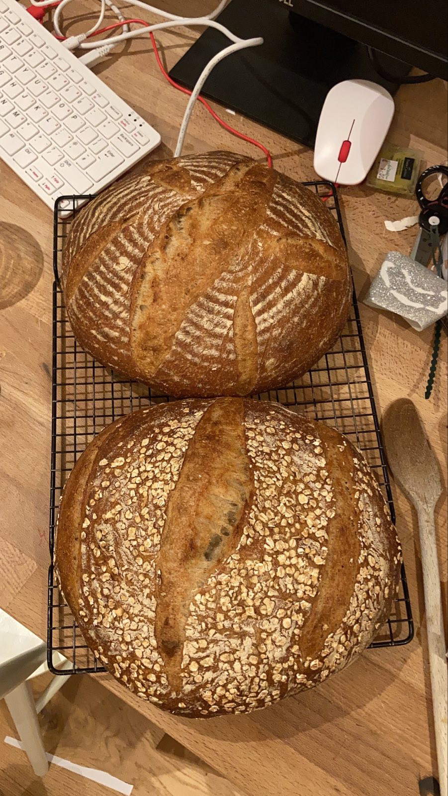 Sourdough bread resting beside a rasberry pi 400